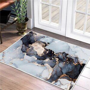 Abstract Area Rug - 2x3ft Blue Marble Texture Bath Mat, Non-Slip